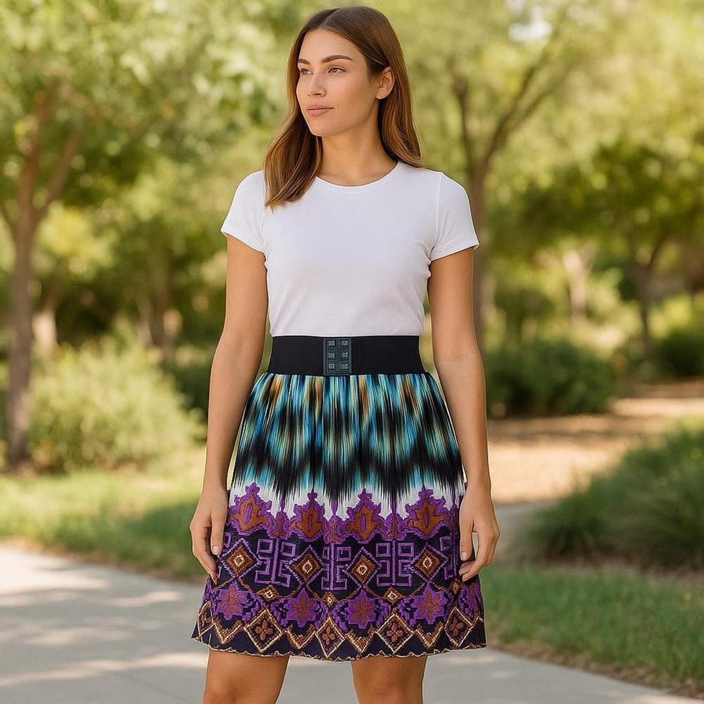 Jon & Anna Ikat Border Print Skirt – Boho Midi with Stud Waistband, Size M